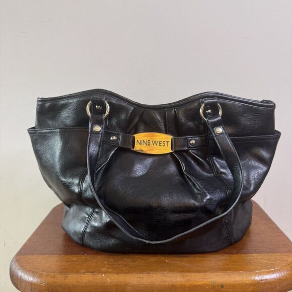 NINE WEST Black Faux Leather Shopper Shoulder Purse Hobo Bag Handbag Grunge 90s - Picture 4 of 9